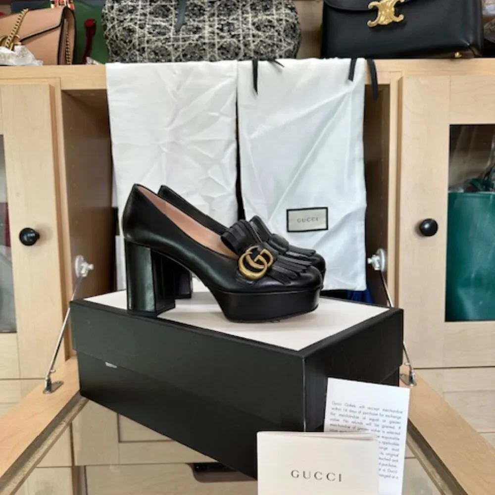 Gucci Double G Logo Size 36.5 Black Leather Pumps - Picture 2 of 6